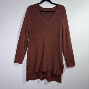prAna Waffle Knit Tunic Sweater Large Brown Longline V Neck Boho Cozy